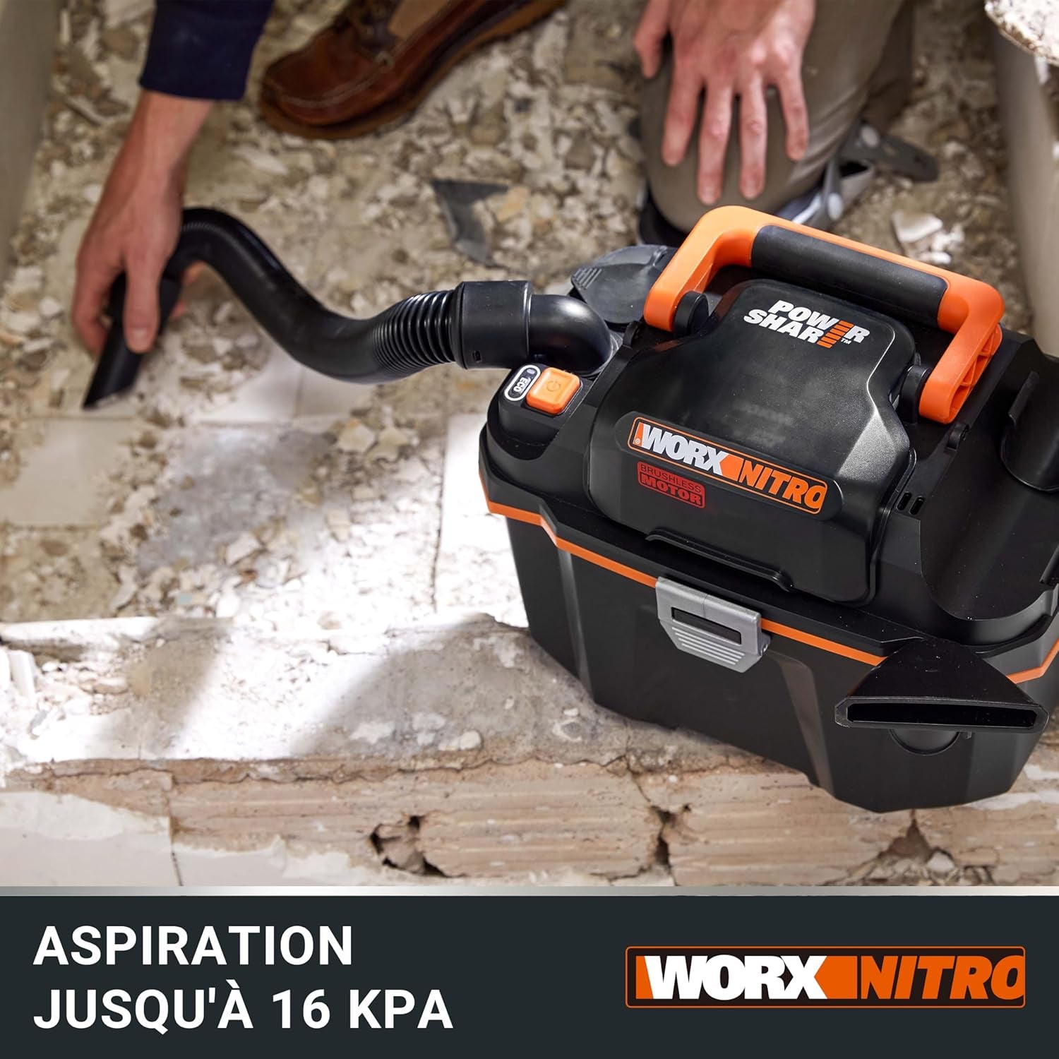 Aspirateur Sans Fil Eau Et Poussières Brushless 20V WX031.9, Moteur 300W, Réservoir 11L, Livré Avec Buse Large, Suceur Plat, Tuyau Flexible, Bandoulière, Sans Batterie Ni Chargeur