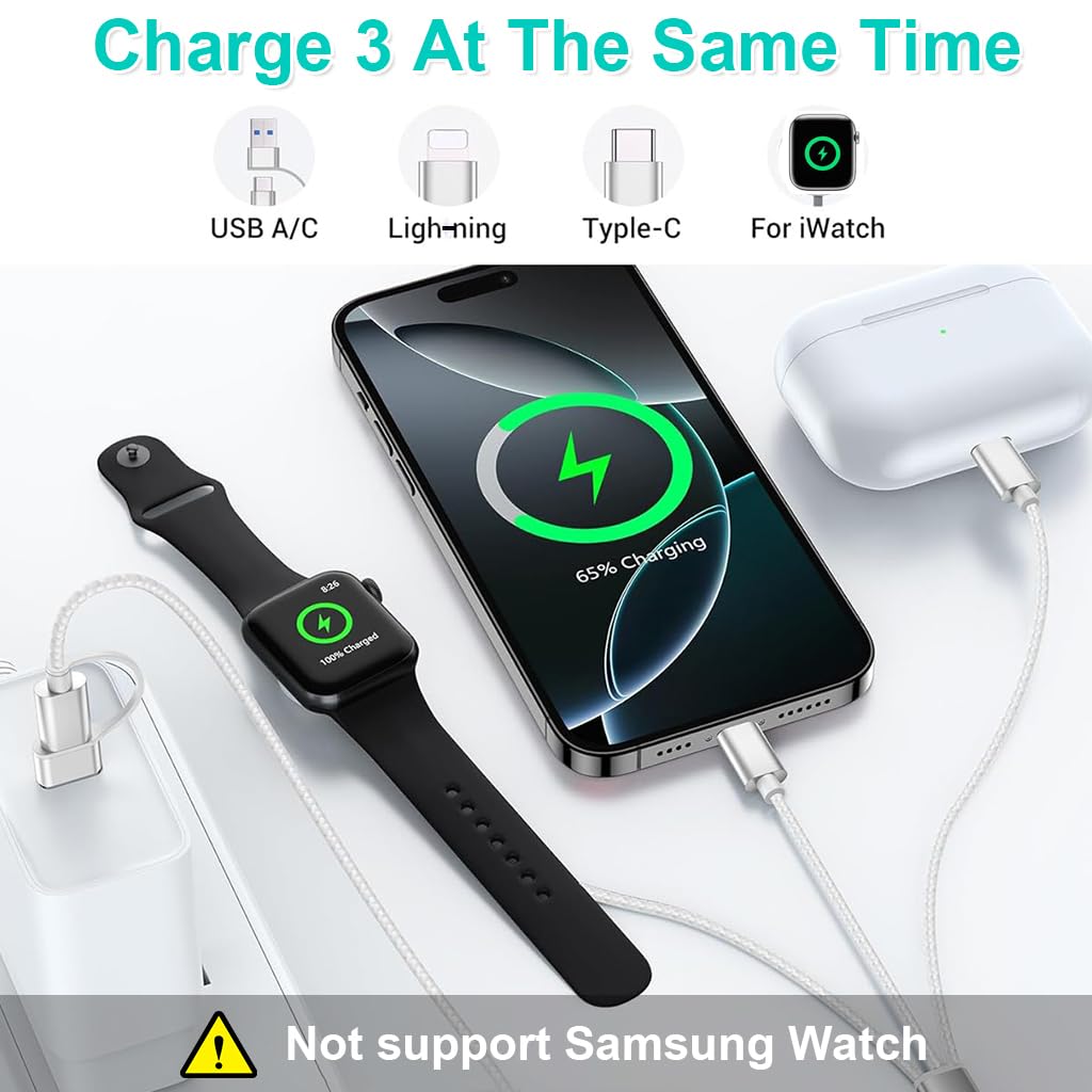 ZORBES® 3 in 2 USB C Cable for Watch Charger/For iPhone 16 Charger/Lighting, Multi Charging Cable Cord, Camping Essentials, Portable Designed for iWatch Series &iPhone 16-12, 4.9FT