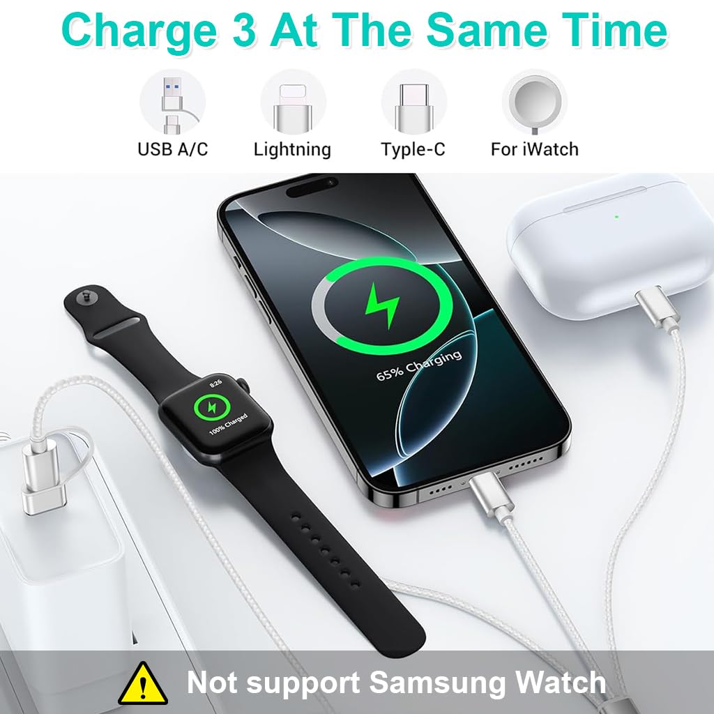 ZORBES® 3 in 2 USB C Cable for Watch Charger/For iPhone 16 Charger/Lighting, Multi Charging Cable Cord, Camping Essentials, Portable Designed for iWatch Series &iPhone 16-12, 4.9FT