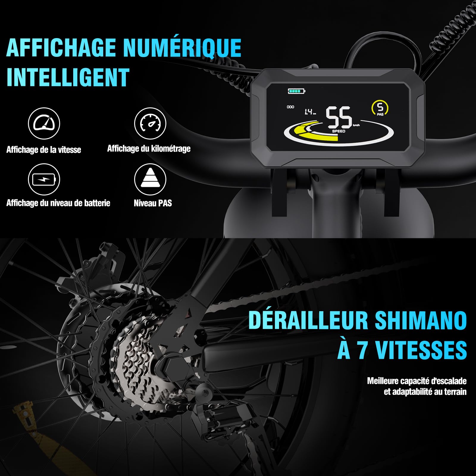YVY Vélo Électrique, Batterie Amovible 20/40Ah, Autonomie 120km/150km/300km, Fat Bike Électrique, VTT Électrique 7 Vitesses, E-Bike Double Suspension, Double Disque, Écran LCD