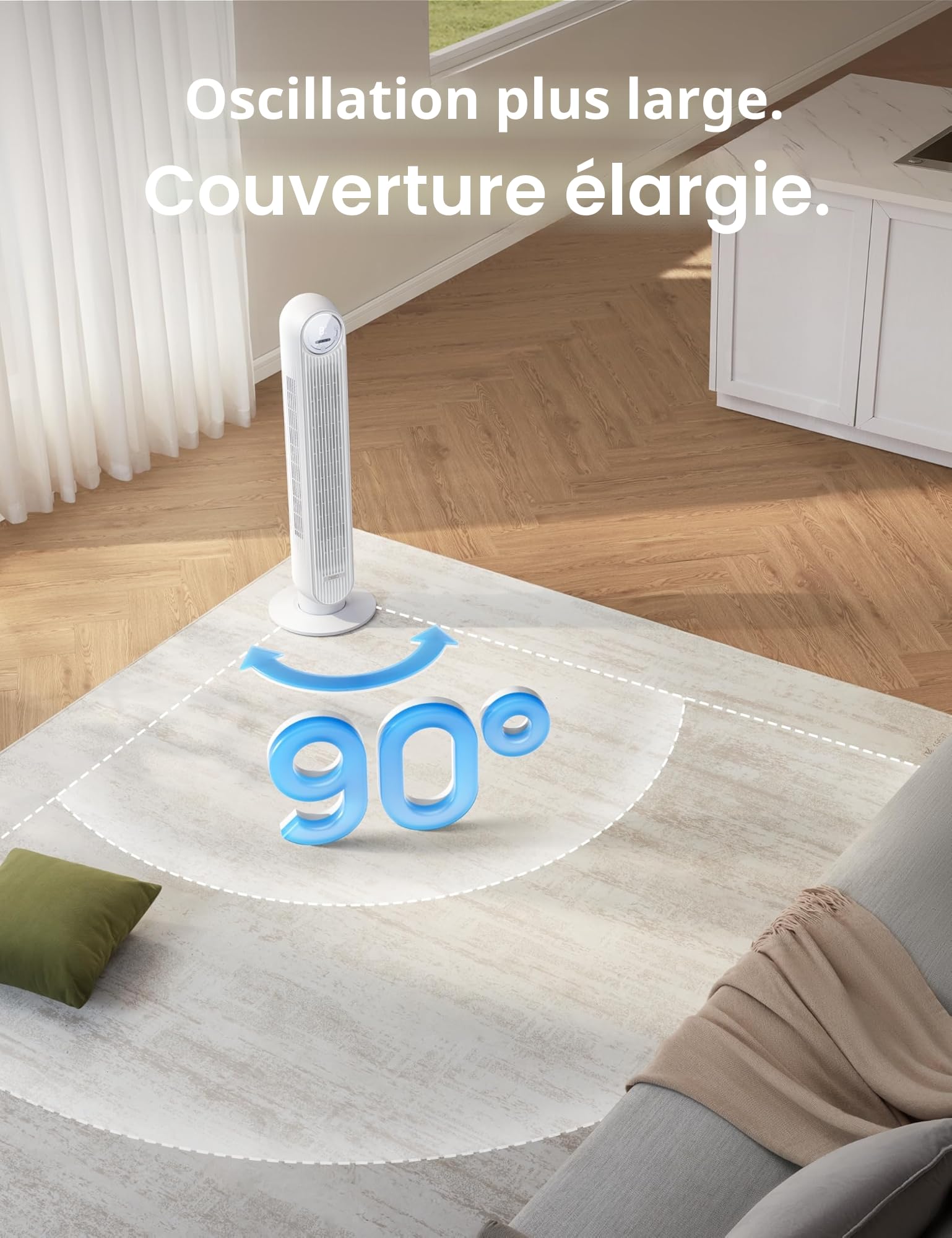 Dreo Ventilateur tour intelligent avec fonction WiFi, ventilateur silencieux avec contrôle vocal et télécommande, oscillation à 90°, 4 modes, 4 vitesses, minuterie 8H, ventilateur de refroidissement