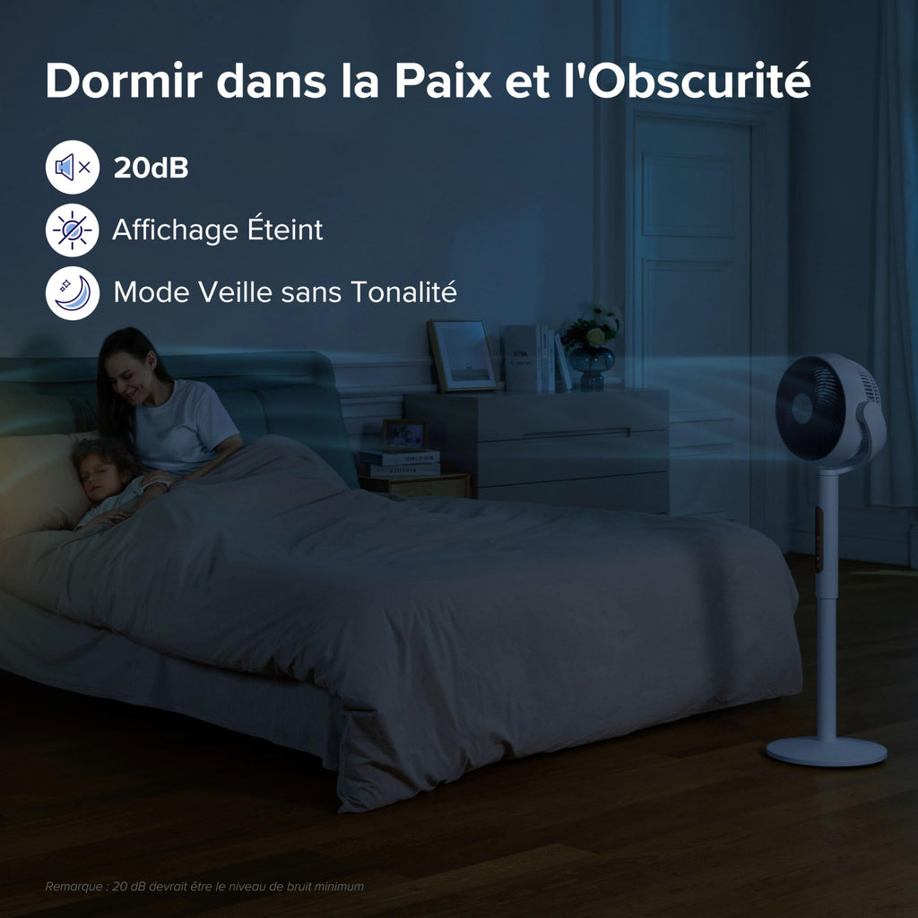 LEVOIT Ventilateur sur pied intelligent silencieux 20 dB, moteur DC, faible consommation avec Wi-Fi, 4 modes et 12 vitesses de ventilation, portée d’air de 30 m, minuterie 12 h, oscillation 90° + 120°