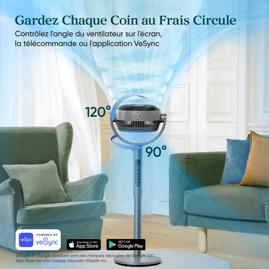 LEVOIT Ventilateur sur pied intelligent silencieux 20 dB, moteur DC, faible consommation avec Wi-Fi, 4 modes et 12 vitesses de ventilation, portée d’air de 30 m, minuterie 12 h, oscillation 90° + 120°