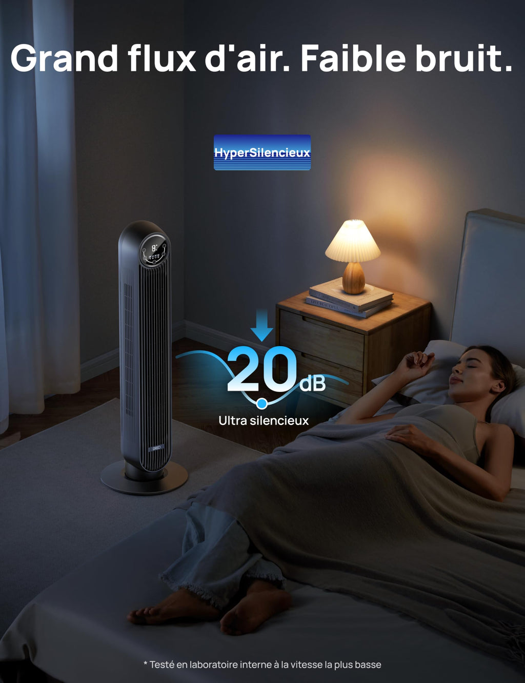 Dreo Ventilateur tour intelligent avec fonction WiFi, ventilateur silencieux avec contrôle vocal et télécommande, oscillation à 90°, 4 modes, 4 vitesses, minuterie 8H, ventilateur de refroidissement