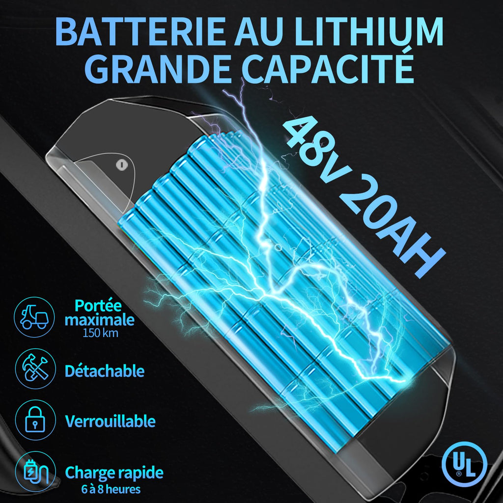 YVY Vélo Électrique, Batterie Amovible 20/40Ah, Autonomie 120km/150km/300km, Fat Bike Électrique, VTT Électrique 7 Vitesses, E-Bike Double Suspension, Double Disque, Écran LCD