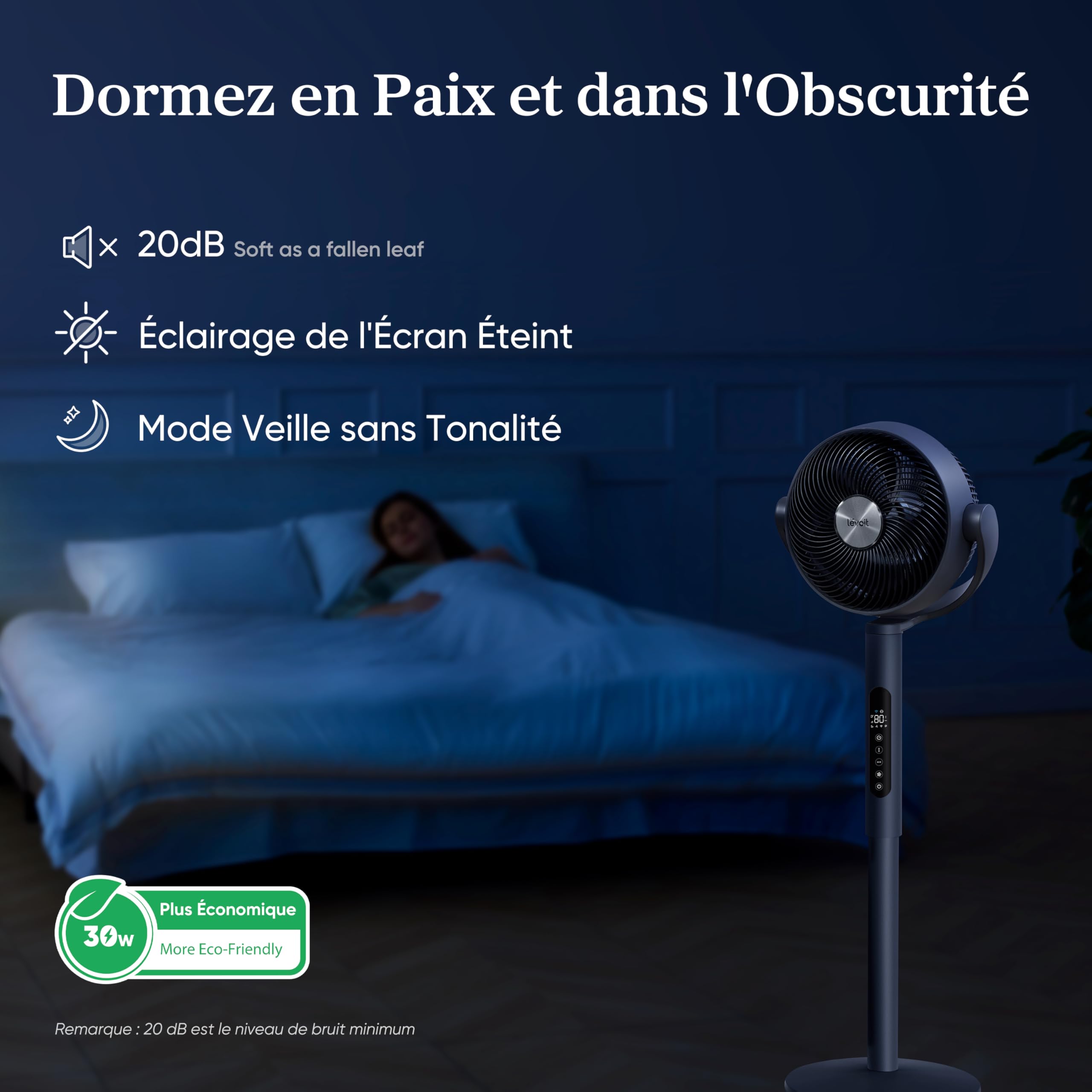 LEVOIT Ventilateur sur pied intelligent silencieux 20 dB, moteur DC, faible consommation avec Wi-Fi, 4 modes et 12 vitesses de ventilation, portée d’air de 30 m, minuterie 12 h, oscillation 90° + 120°