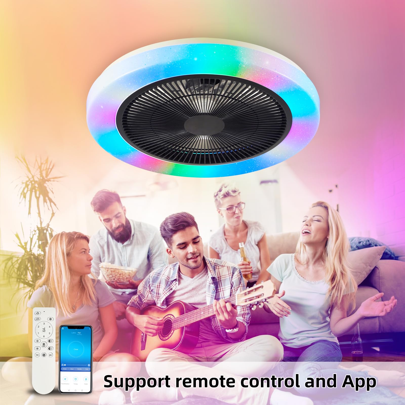 AHXIAOZN RGB Ventilateur Plafond avec Lumiere,50cm Ventilateurs Silencieux Plafond avec Telecommande,Dimmable LED Ventilateur de Plafond pour Salon Chambre(Blanc)