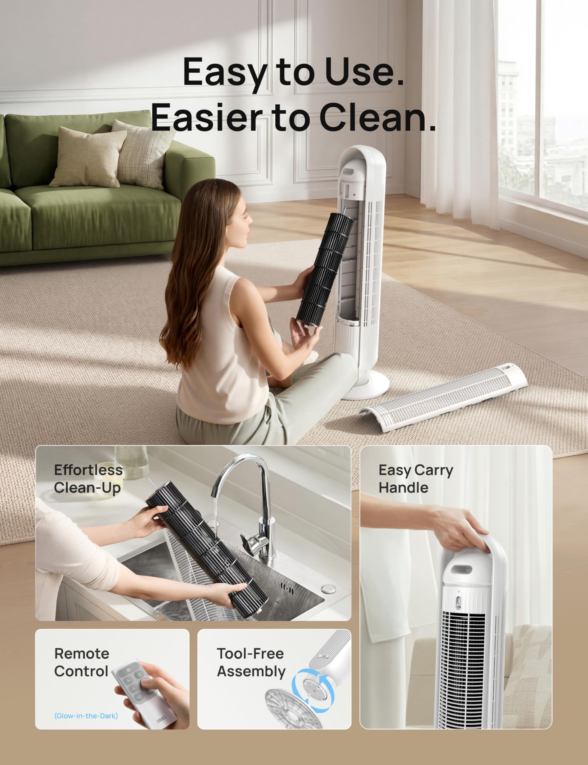 Dreo Ventilateur tour intelligent avec fonction WiFi, ventilateur silencieux avec contrôle vocal et télécommande, oscillation à 90°, 4 modes, 4 vitesses, minuterie 8H, ventilateur de refroidissement