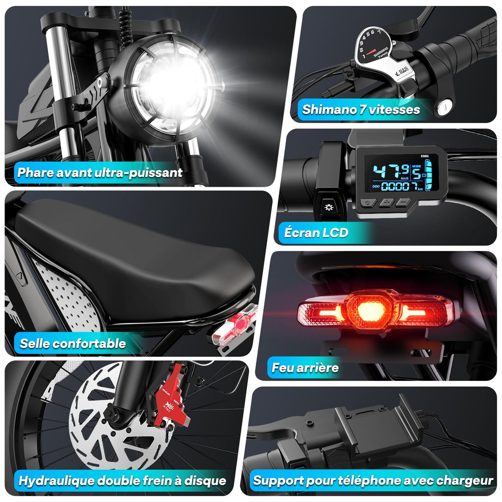 YVY Vélo Électrique, Batterie Amovible 20/40Ah, Autonomie 120km/150km/300km, Fat Bike Électrique, VTT Électrique 7 Vitesses, E-Bike Double Suspension, Double Disque, Écran LCD