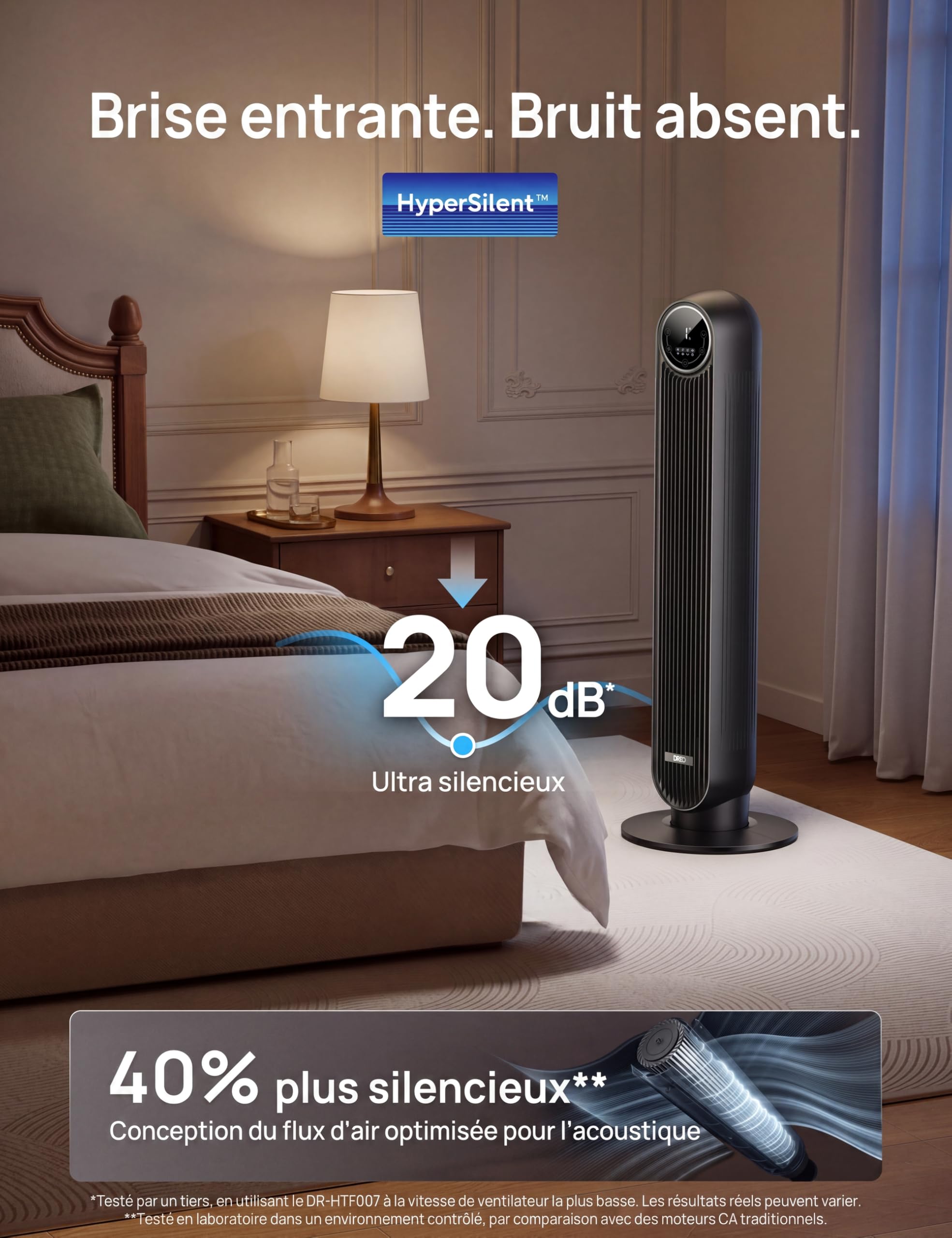 Dreo Ventilateur tour intelligent avec fonction WiFi, ventilateur silencieux avec contrôle vocal et télécommande, oscillation à 90°, 4 modes, 4 vitesses, minuterie 8H, ventilateur de refroidissement