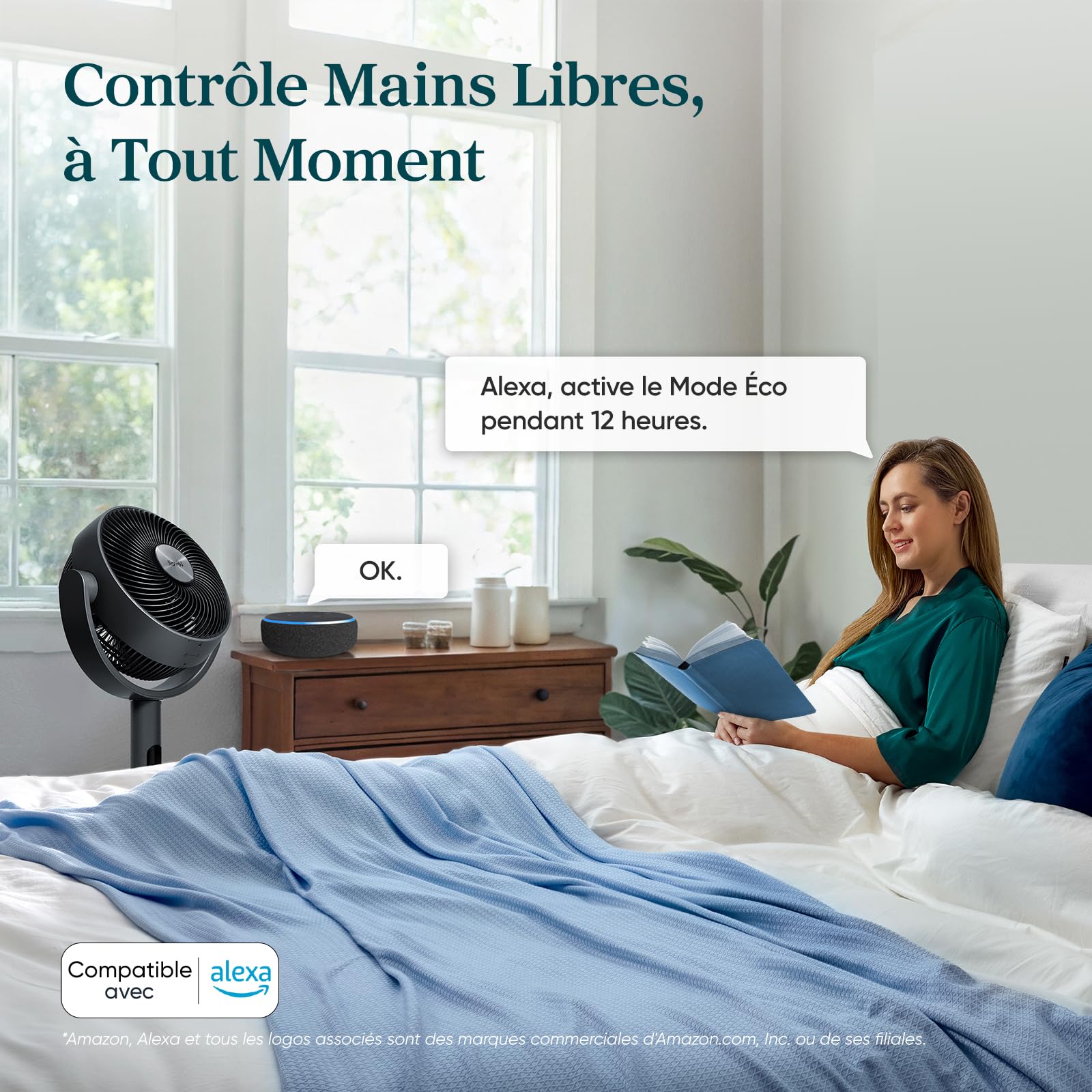 LEVOIT Ventilateur sur pied intelligent silencieux 20 dB, moteur DC, faible consommation avec Wi-Fi, 4 modes et 12 vitesses de ventilation, portée d’air de 30 m, minuterie 12 h, oscillation 90° + 120°