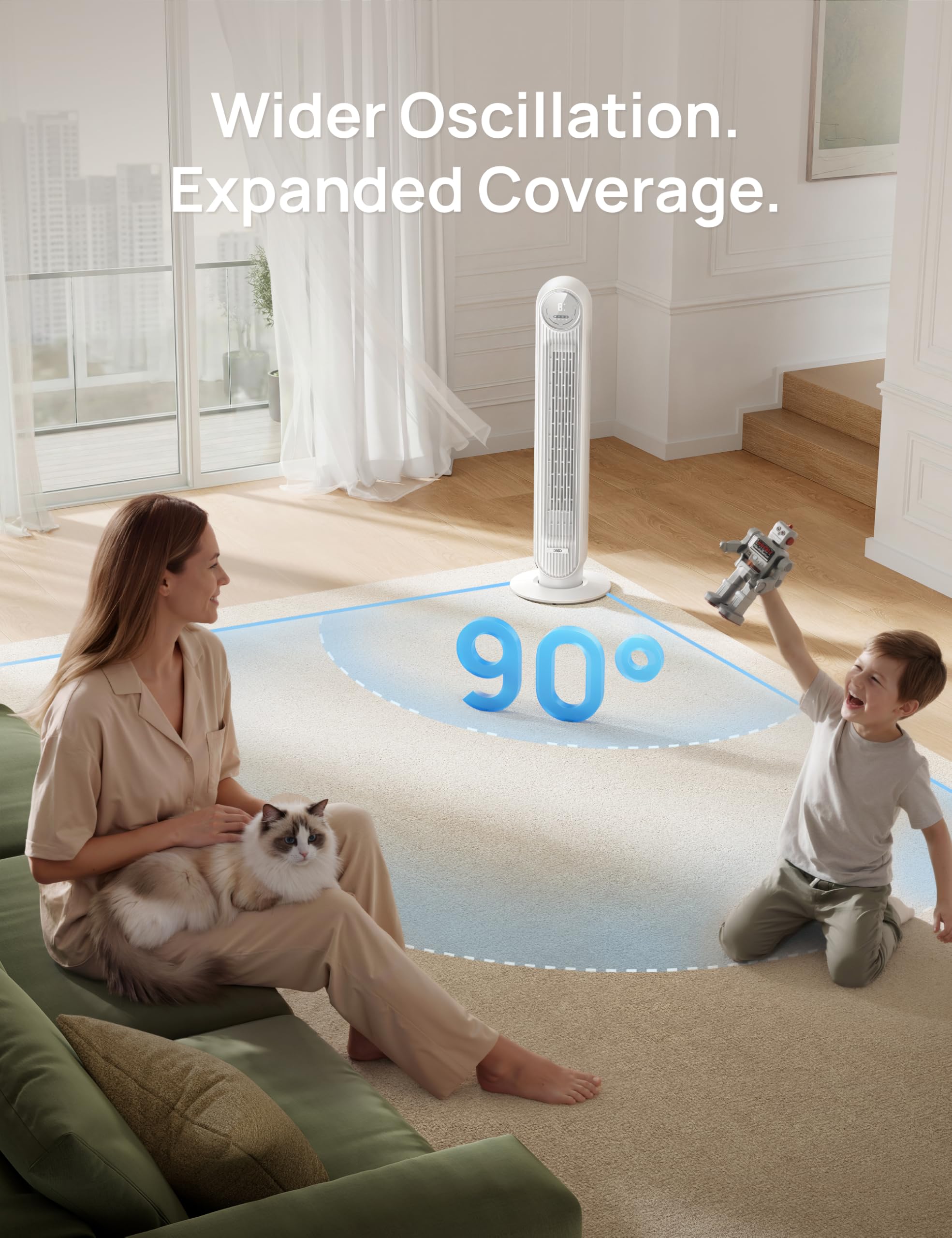 Dreo Ventilateur tour intelligent avec fonction WiFi, ventilateur silencieux avec contrôle vocal et télécommande, oscillation à 90°, 4 modes, 4 vitesses, minuterie 8H, ventilateur de refroidissement