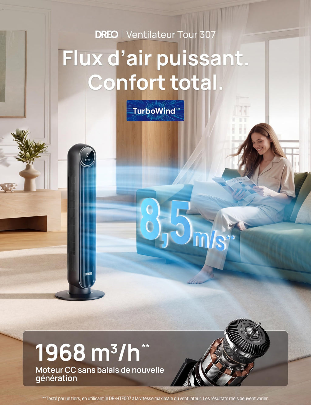 Dreo Ventilateur tour intelligent avec fonction WiFi, ventilateur silencieux avec contrôle vocal et télécommande, oscillation à 90°, 4 modes, 4 vitesses, minuterie 8H, ventilateur de refroidissement