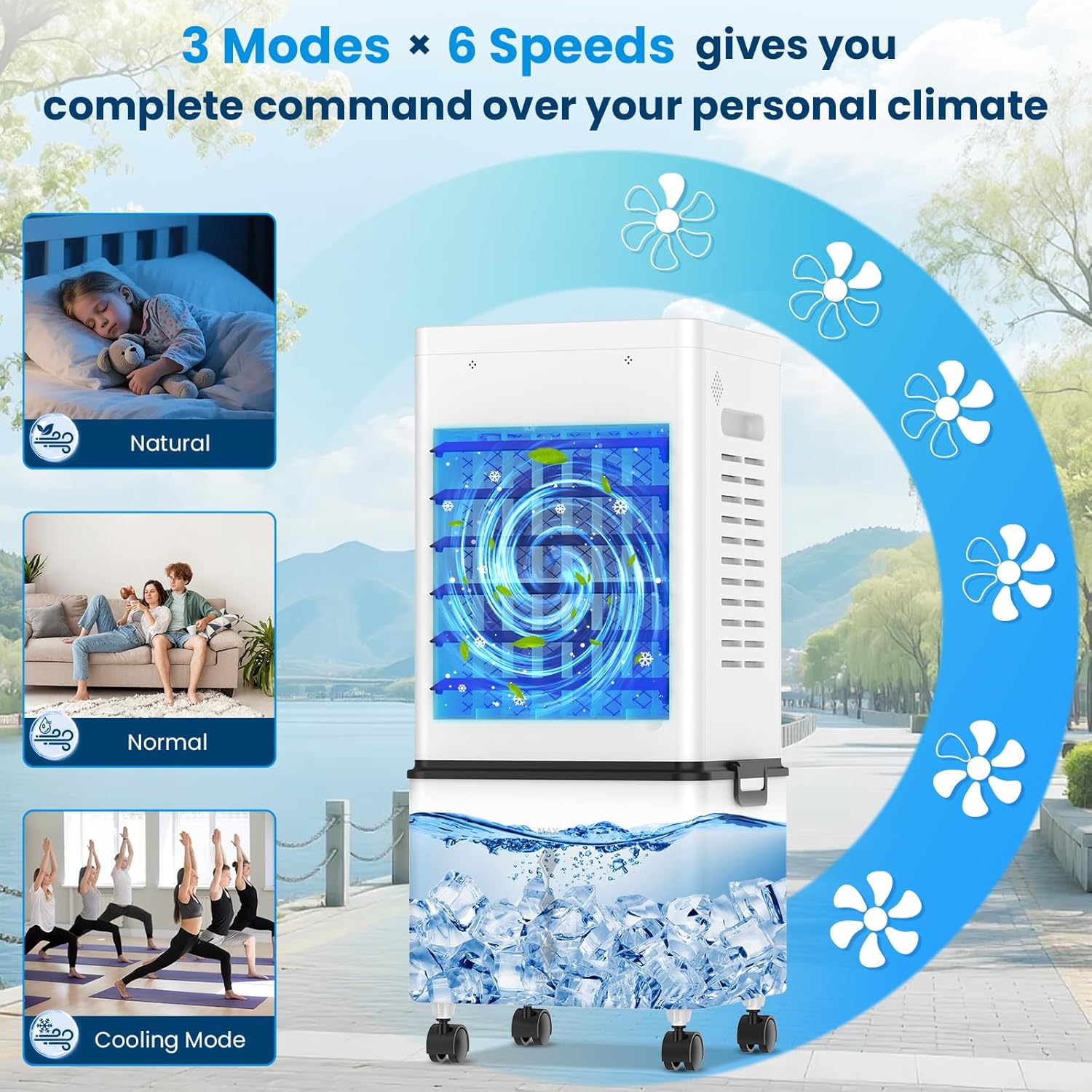 Climatiseur Mobile, 12 L Refroidisseur d'Air Évaporatif avec Télécommande, 6 Vitesses et 2 Modes, Minuterie 24H, 4 Boîtes des Glacières, 45 W Climatisation Portable pour Maison Bureau Chambre Cuisine