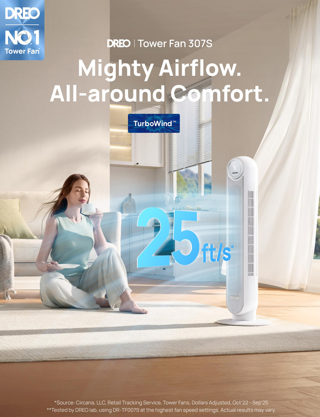 Dreo Ventilateur tour intelligent avec fonction WiFi, ventilateur silencieux avec contrôle vocal et télécommande, oscillation à 90°, 4 modes, 4 vitesses, minuterie 8H, ventilateur de refroidissement