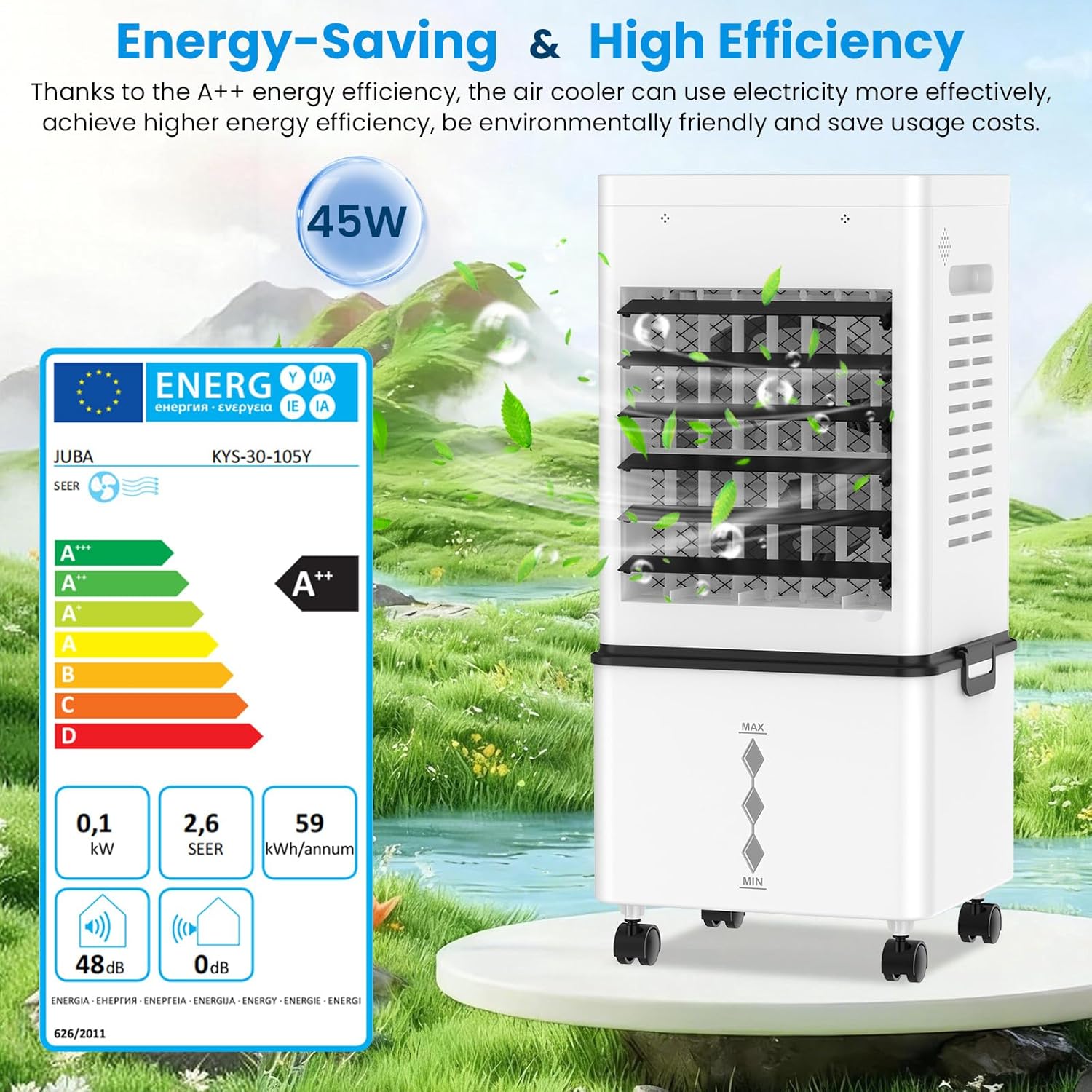 Climatiseur Mobile, 12 L Refroidisseur d'Air Évaporatif avec Télécommande, 6 Vitesses et 2 Modes, Minuterie 24H, 4 Boîtes des Glacières, 45 W Climatisation Portable pour Maison Bureau Chambre Cuisine