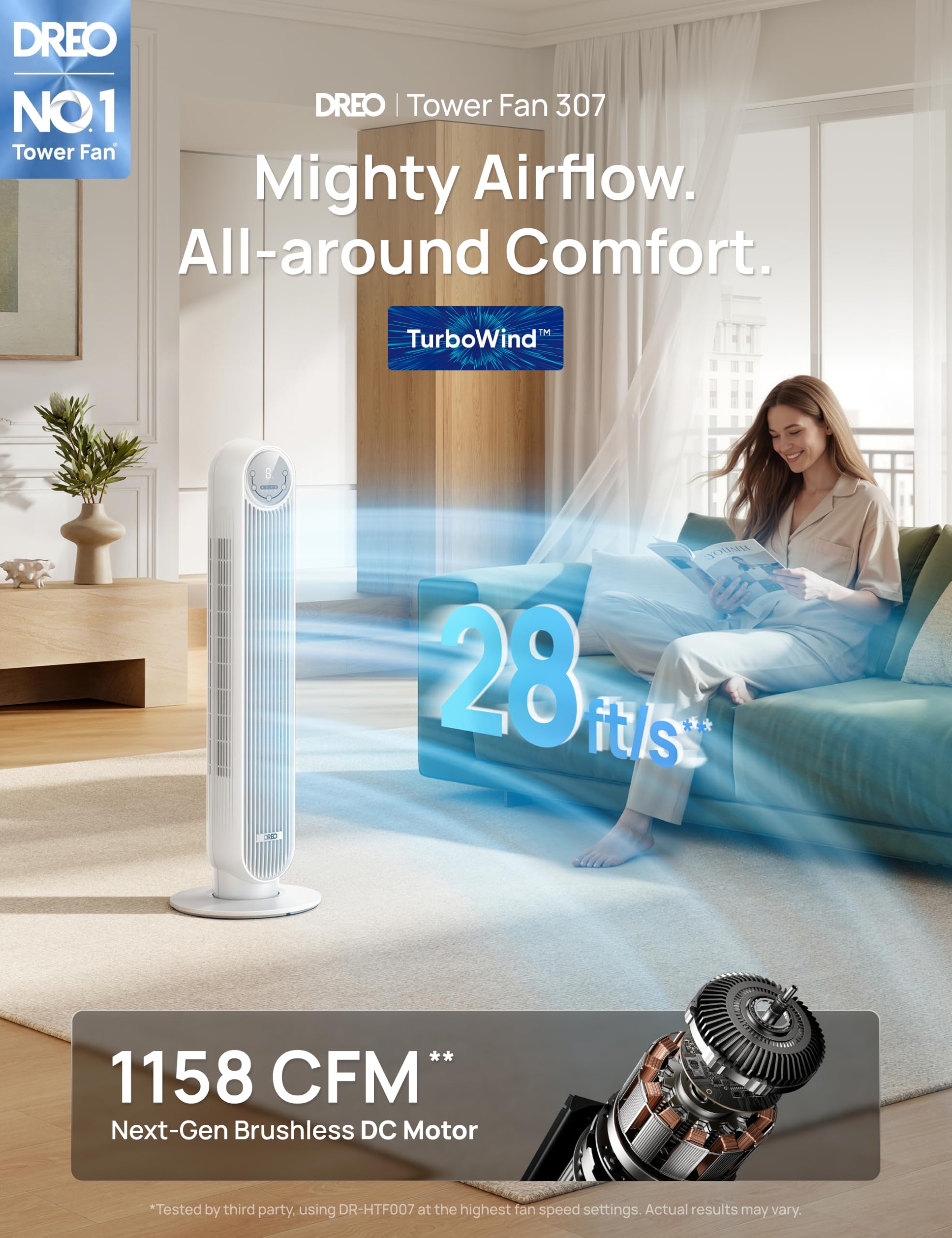 Dreo Ventilateur tour intelligent avec fonction WiFi, ventilateur silencieux avec contrôle vocal et télécommande, oscillation à 90°, 4 modes, 4 vitesses, minuterie 8H, ventilateur de refroidissement