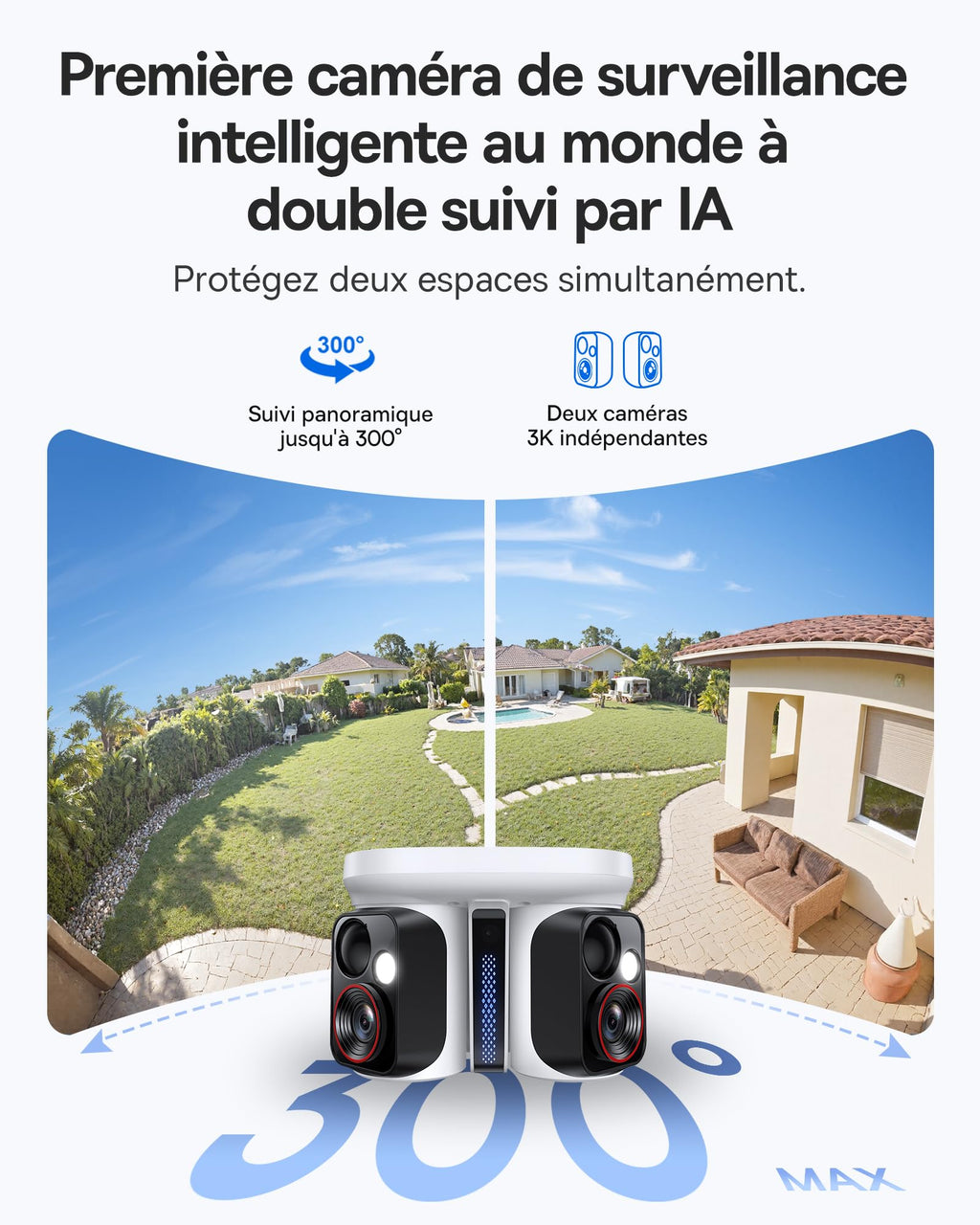 Baseus Security X1 Pro Caméra de Surveillance Extérieure, Double Suivi IA, Surveillance 300°, Vision Nocturne, caméra Solaire sans Fil sur Batterie avec détection IA, Patrouille Automatique