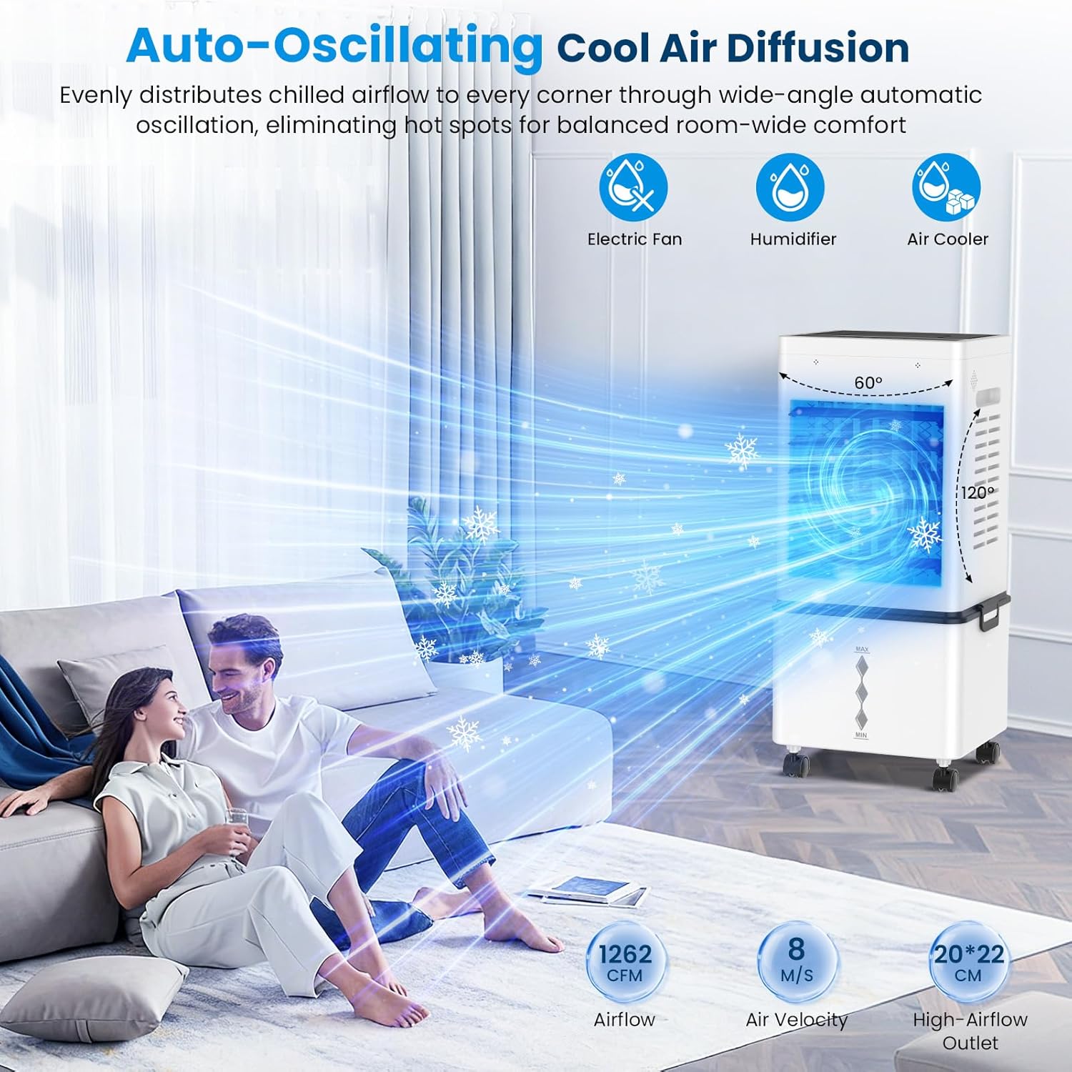 Climatiseur Mobile, 12 L Refroidisseur d'Air Évaporatif avec Télécommande, 6 Vitesses et 2 Modes, Minuterie 24H, 4 Boîtes des Glacières, 45 W Climatisation Portable pour Maison Bureau Chambre Cuisine