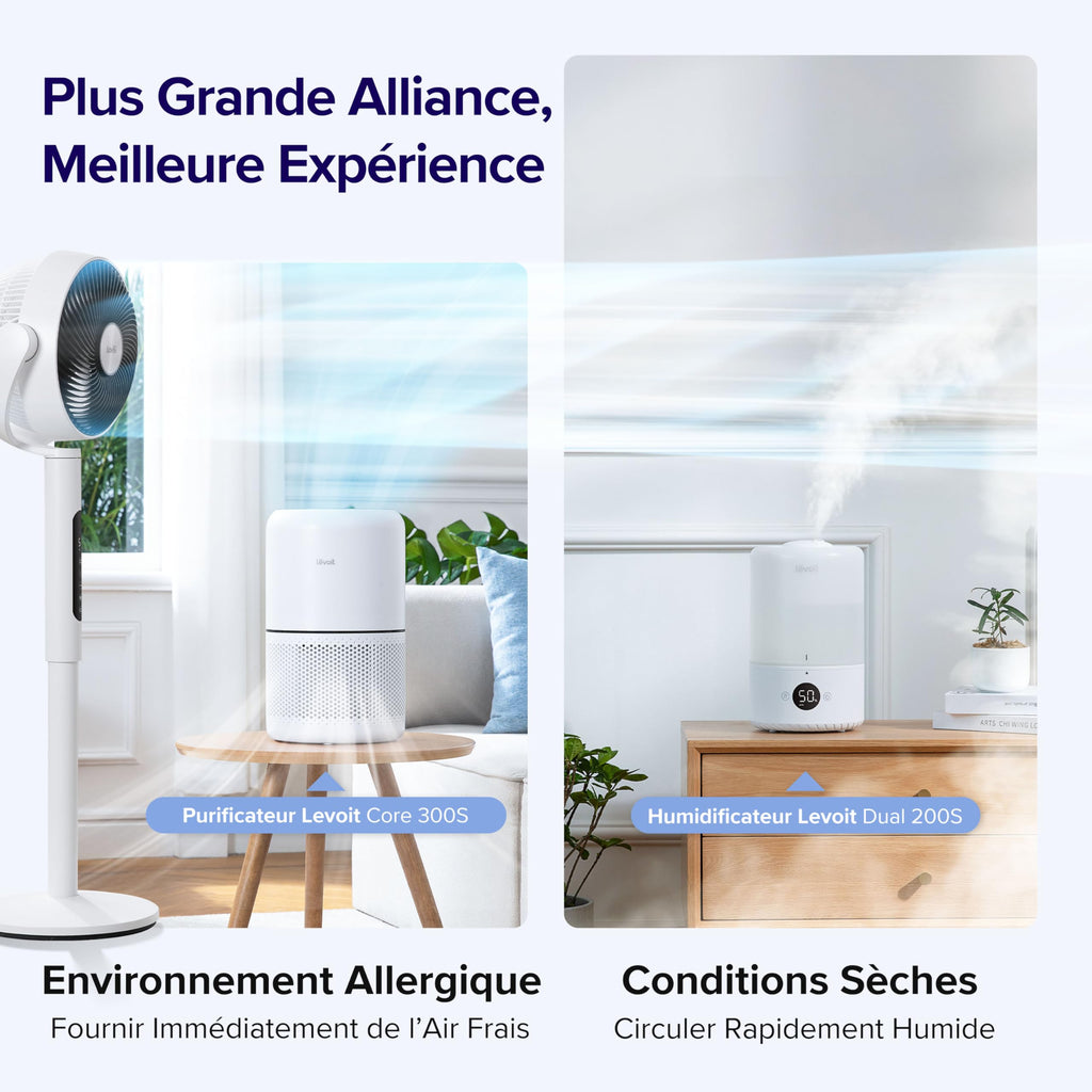 LEVOIT Ventilateur sur pied intelligent silencieux 20 dB, moteur DC, faible consommation avec Wi-Fi, 4 modes et 12 vitesses de ventilation, portée d’air de 30 m, minuterie 12 h, oscillation 90° + 120°