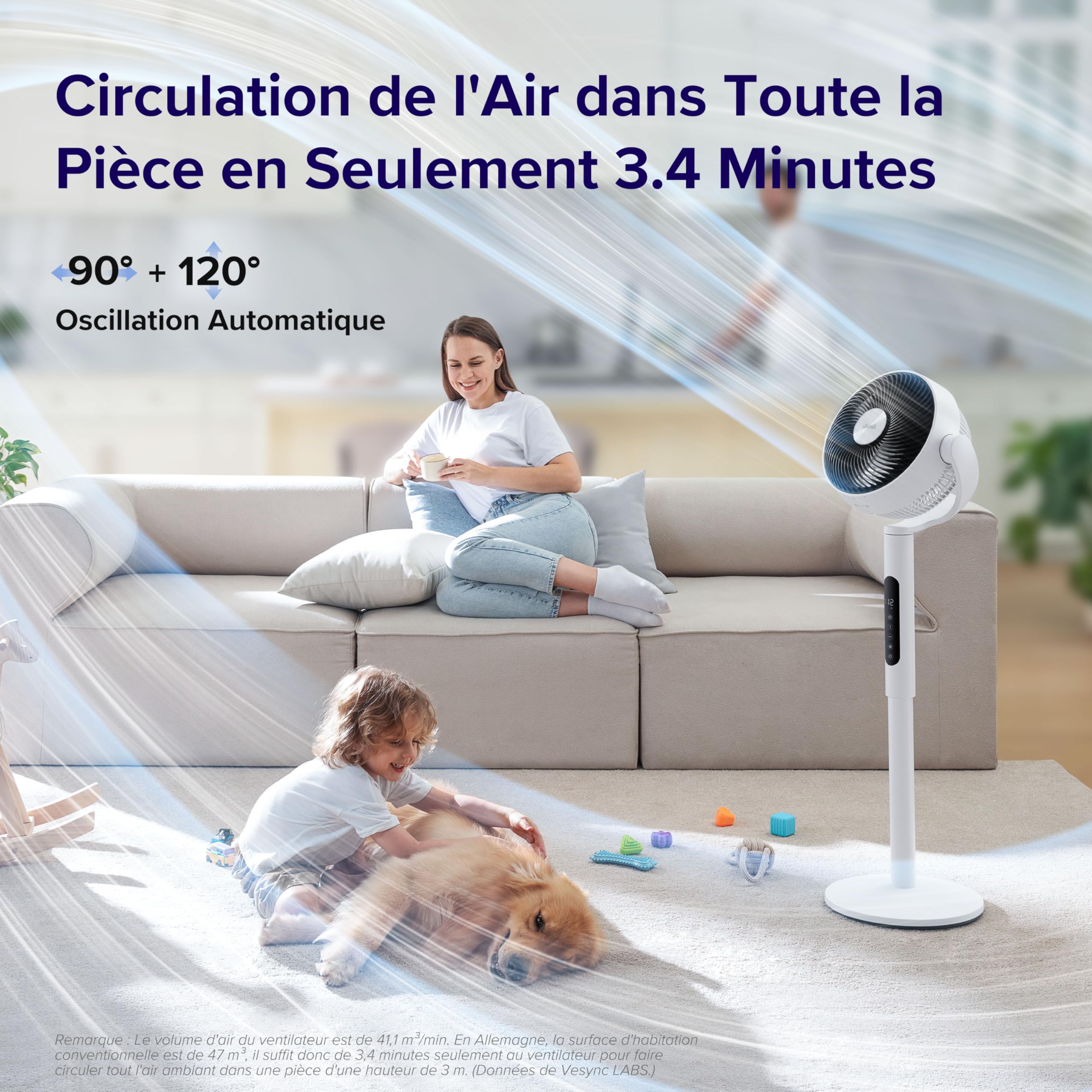 LEVOIT Ventilateur sur pied intelligent silencieux 20 dB, moteur DC, faible consommation avec Wi-Fi, 4 modes et 12 vitesses de ventilation, portée d’air de 30 m, minuterie 12 h, oscillation 90° + 120°