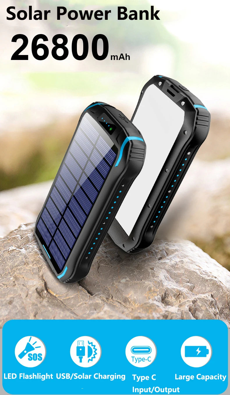 Solar Power Bank 26800mAh Waterproof Portable Solar Panel Fast Charger Powerbank External Battery Power Bank with Camping Light