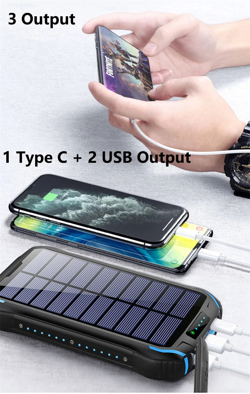 Solar Power Bank 26800mAh Waterproof Portable Solar Panel Fast Charger Powerbank External Battery Power Bank with Camping Light