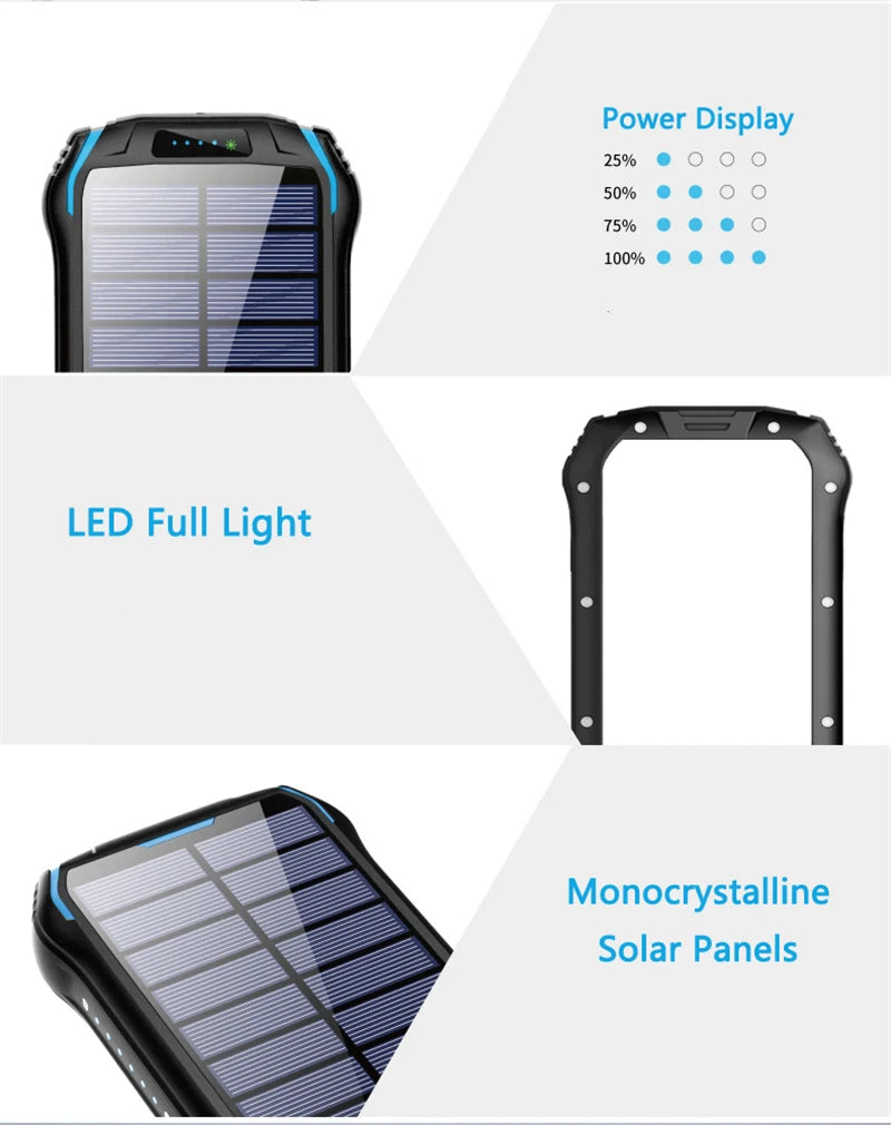 Solar Power Bank 26800mAh Waterproof Portable Solar Panel Fast Charger Powerbank External Battery Power Bank with Camping Light