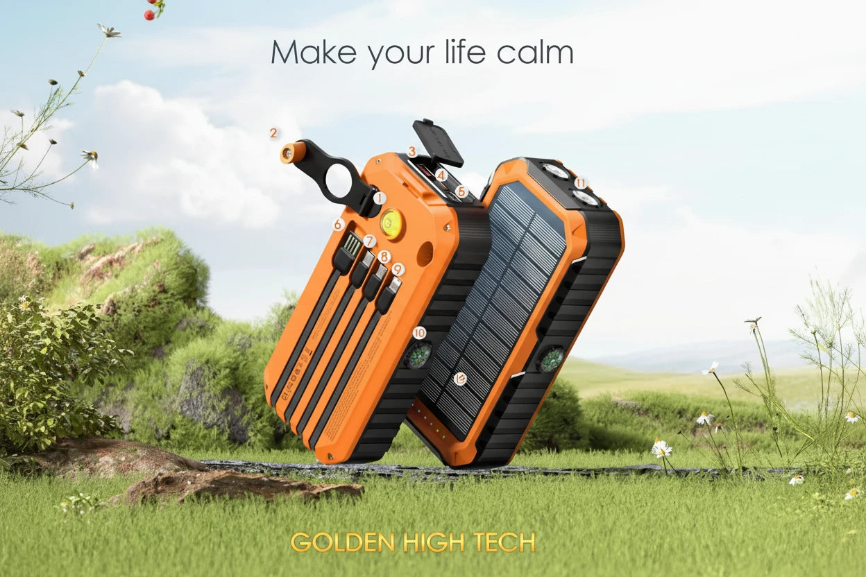 40000mAh Solar Power Bank with Hand Crank Portable 22.5W Fast Charger Built-in Cable External Battery for Phones Camping Outdoor
