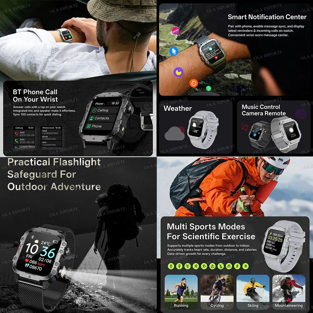 Nouvelle Montre Connectée Militaire 2026 pour Hommes avec GPS, Lampe Torche, Étanchéité 3ATM, Appel Bluetooth et Plus de 100 Modes Sportifs – Montre Intelligente d'Extérieur (Similaire au MA27)