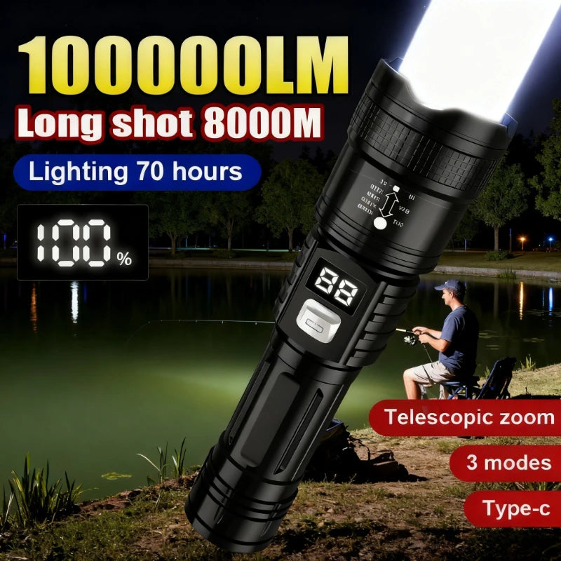 100000LM lampe de poche Super lumineuse torche LED Rechargeable lampe tactique longue portée pour l'extérieur étanche Camping pêche lanterne