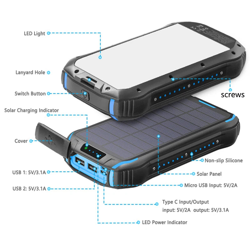 Solar Power Bank 26800mAh Waterproof Portable Solar Panel Fast Charger Powerbank External Battery Power Bank with Camping Light