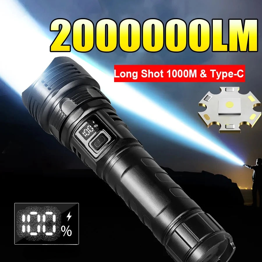 2000000 lampes de poche LED haute puissance type-c torche Rechargeable longue portée 1000M lampe à main étanche Camping en plein air lanterne de pêche