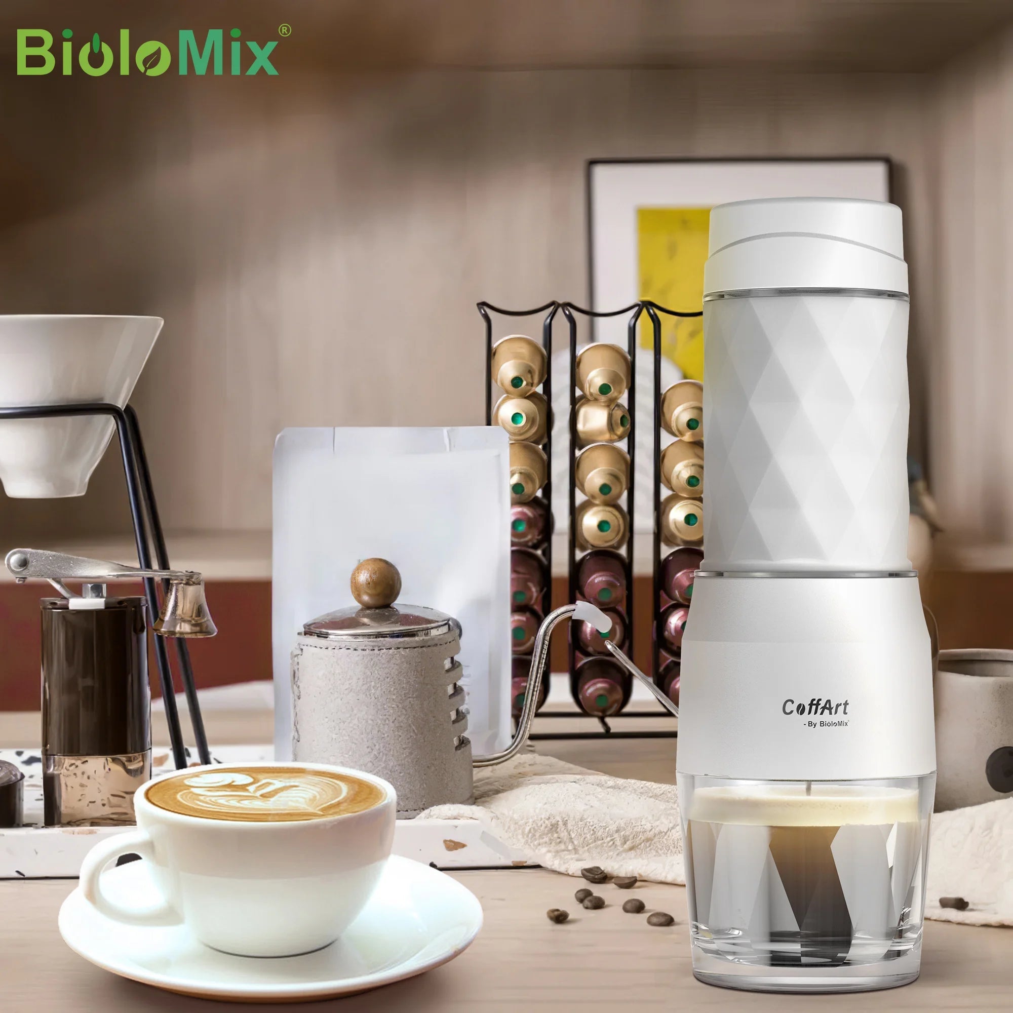 BioloMix Machine à café portative Machine à expresso presse à main Capsule cafetière moulue Portable pour voyage et pique-nique - Golden High-Tech