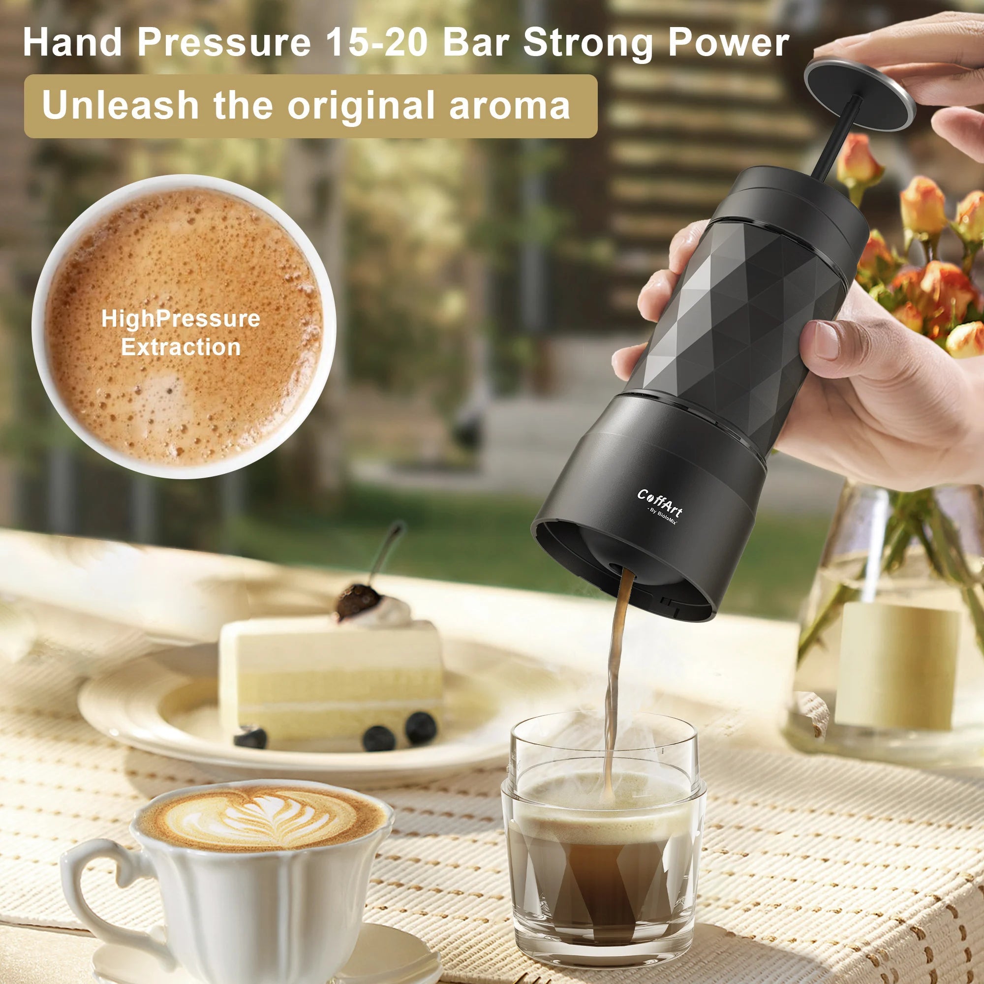 BioloMix Machine à café portative Machine à expresso presse à main Capsule cafetière moulue Portable pour voyage et pique-nique - Golden High-Tech