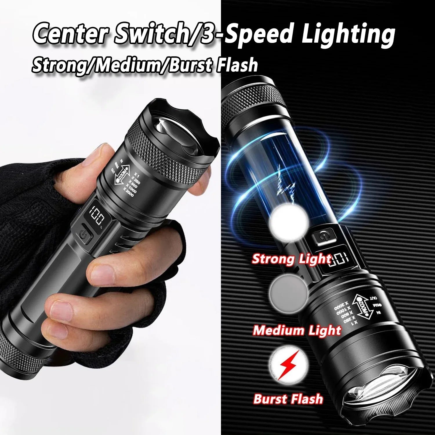 Lampe de poche tactique LED P5Torche LED P50 Haute Puissance 2000LM0 Ultra lumineuse, 2000lm, projecteur d'urgence EDC, Zoom télescopique, torche portative avec batterie 14500/18650 - Golden High-Tech