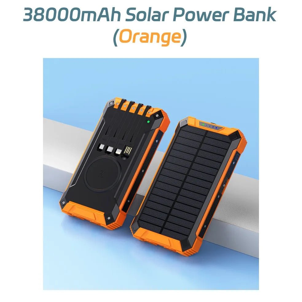 Long-lasting Solar Power Bank, Portable Solar External Battery Pack Built-in Cables, Portable Wireless Charger with Solar Panel - Golden High-Tech