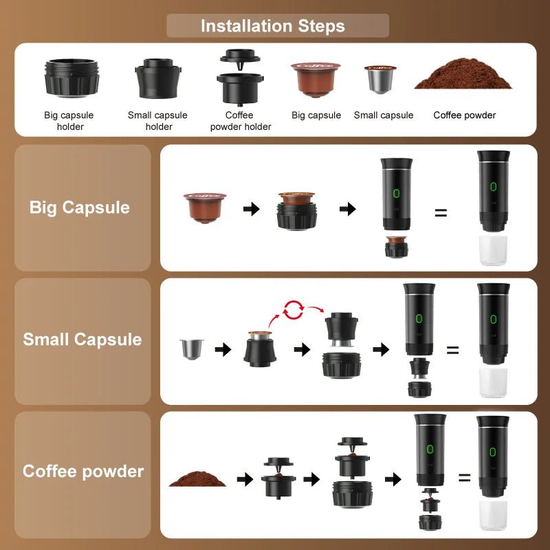 Machine à café expresso électrique Portable sans fil, pour voiture et maison, Camping, 3 en 1, capsules de poudre, cafetière de voyage - Golden High-Tech