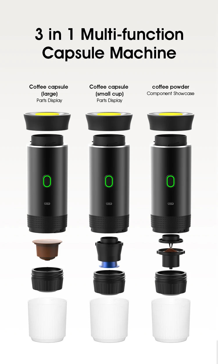 Machine à café expresso électrique Portable sans fil, pour voiture et maison, Camping, 3 en 1, capsules de poudre, cafetière de voyage - Golden High-Tech