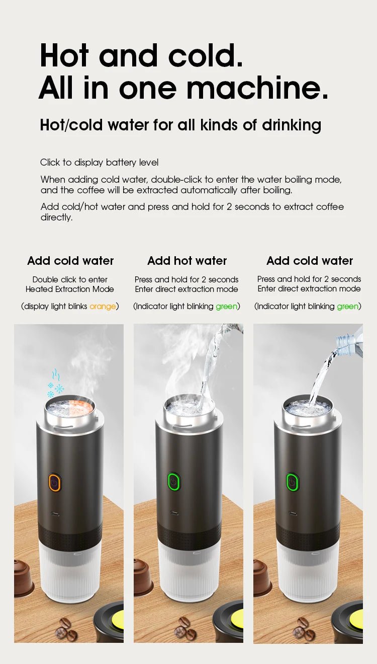 Machine à café expresso électrique Portable sans fil, pour voiture et maison, Camping, 3 en 1, capsules de poudre, cafetière de voyage - Golden High-Tech