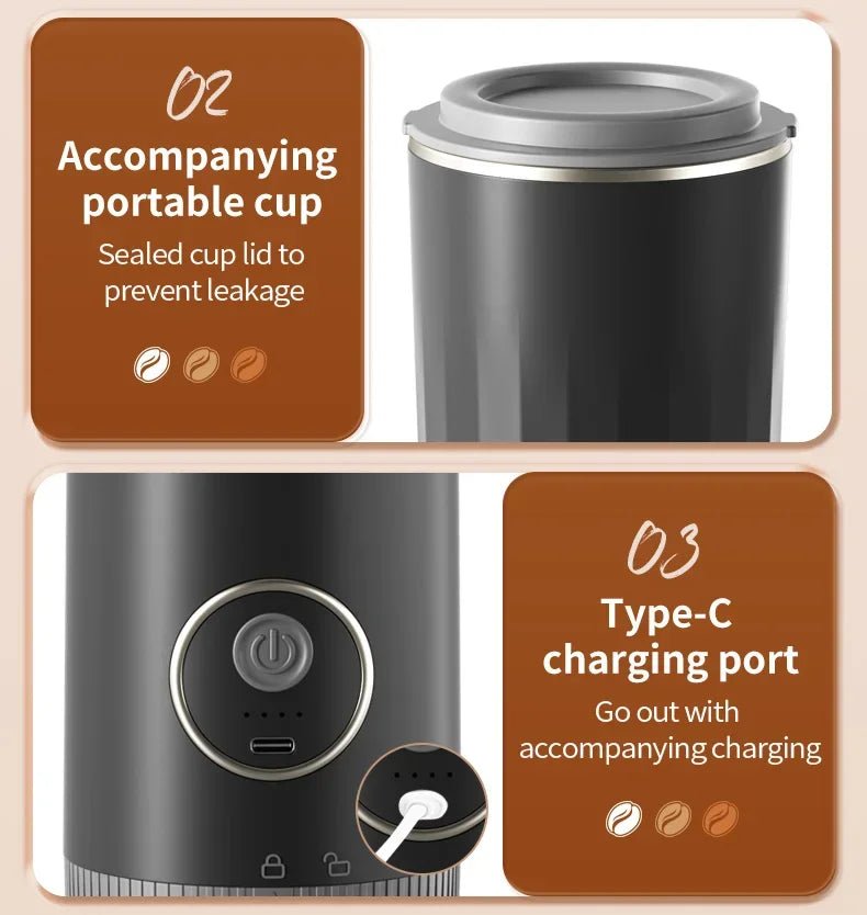 Machine à café portable sans fil 2-en-1 pour le camping en plein air - Broyeur de grains et cafetière manuelle portable - Golden High-Tech