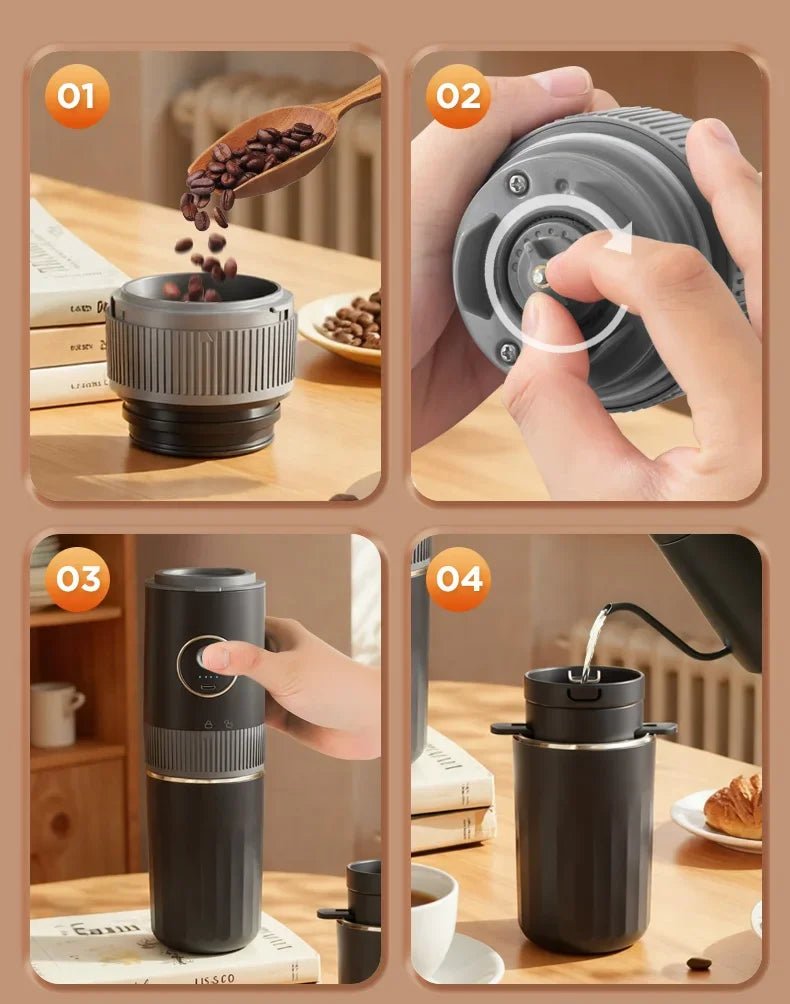 Machine à café portable sans fil 2-en-1 pour le camping en plein air - Broyeur de grains et cafetière manuelle portable - Golden High-Tech