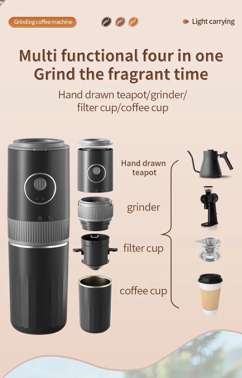 Machine à café portable sans fil 2-en-1 pour le camping en plein air - Broyeur de grains et cafetière manuelle portable - Golden High-Tech