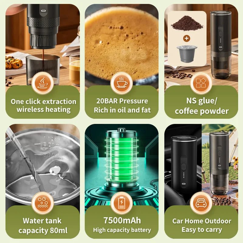 Machine à expresso Portable, 20 bars, chauffage, sans fil, Rechargeable - Golden High-Tech