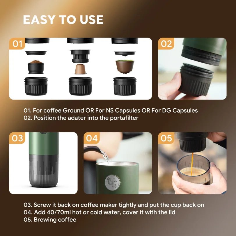 Machine à expresso portable 3-en-1, cafetière de voyage pour le camping, la randonnée, le bureau, auto-chauffante avec USB-C, nouveauté 2026 - Golden High-Tech