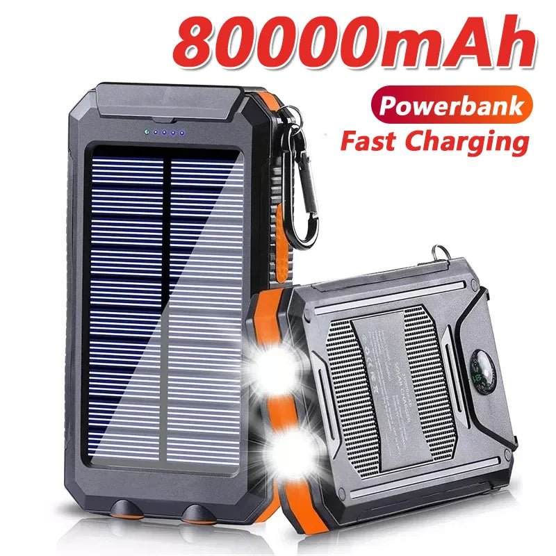 Solar Power Bank 80000mAh Portable Charging Poverbank External Battery Charger Strong Light LDE Light for All Smartphones - Golden High-Tech